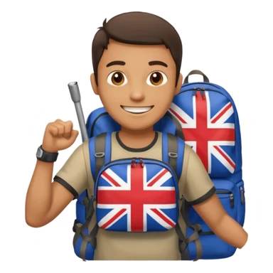 A guy with a hiking backpack and a Union Jack on his T-shirt holds the Union Jack. sticker