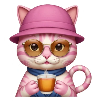 Pink cat with hat, holding cup of tea, wearing sunglasses sticker