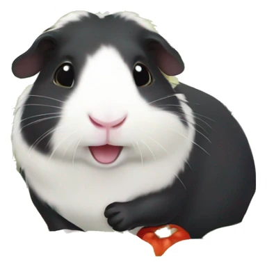 Guineapig playing on a pile of veggies and fruit with a piece of cucumber in his mouth sticker