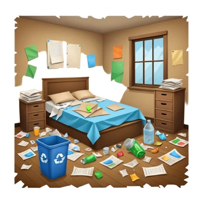 dirty room with papers and trash sticker