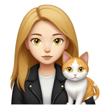 A light-skinned brown straight-haired girl wearing black jacket, along with two cats. One cat is pure white cat with yellow eyes, another is a calico cat sticker
