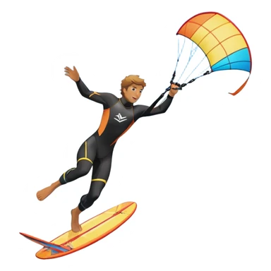 An athlete in a wetsuit riding a kiteboard, soaring over the waves with the kite high in the sky. The background features a vibrant blue sky and crashing ocean waves, capturing the thrill and freedom of kitesurfing in dynamic motion. sticker