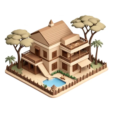 Isometric exterior brown and beige Walt Disney World Animal Kingdom safari resort, dollhouse style 3D realistic  sticker