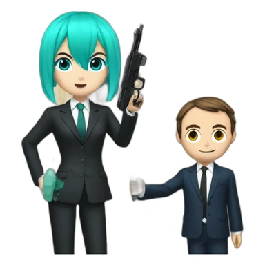 Miku points a fake gun to macron sticker