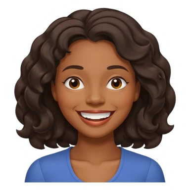 Happy fuller  face with big smile showing top teeth,  high cheek bones, dark brown skin color black women wavy hair shoulder length with side part, eyes slightly closed sticker