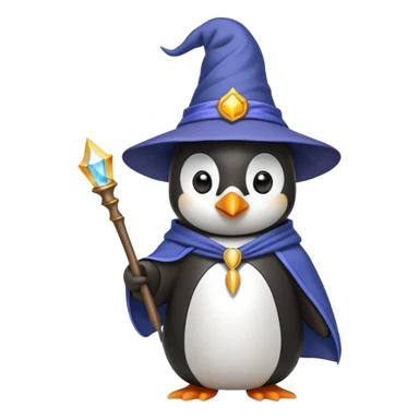 Penguin wearing wizard hat and robe holding a magic wand sticker