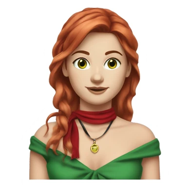 White caucasian woman in her 20s with long red layered hair and bangs green eyes freckles wearing a red dress, skinny scarf around the neck and holding a little black purse on her shoulder sticker