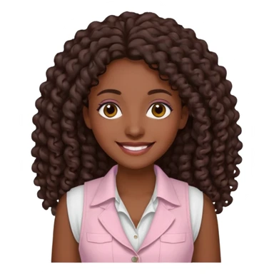 mujer morena, pelo rizado largo, sonriendo, con ojos grandes y marrones con camisa rosa palo y un chaleco blanco sticker