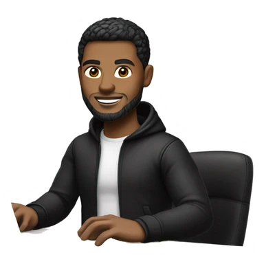memoji of a man with a laptop in front, apple-style, fair white skintone, black jacket or hoodie,modern,black hair,black sweater,computer in hand,sitting on his desk sticker