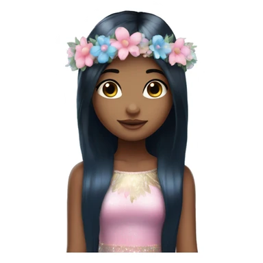 Fairy girl with straight long black hair, blue eyes, medium light skin, sparkly wings, a pink and blue dress and a flower crown and blue eyes sticker