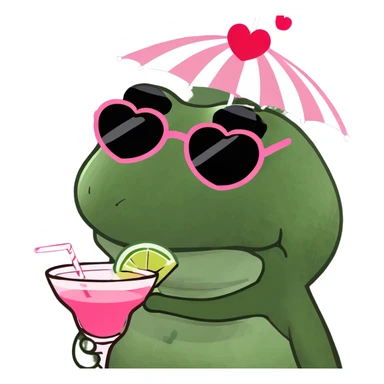 bufo frog with a striped umbrella hat, wearing heart-shaped sunglasses, holding a pink cocktail sticker
