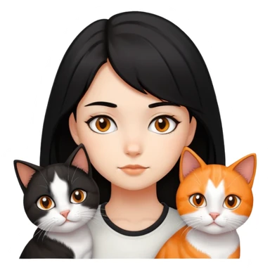 teenage girl with black hair with brown highlights with two cats that are tri-colored (black, orange, and white) sticker