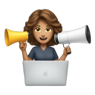 a woman WITH A MEGAPHONE and a macbook, brown hair sticker