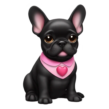 Solid black Frenchie pup with pink collar with a small heart sticker