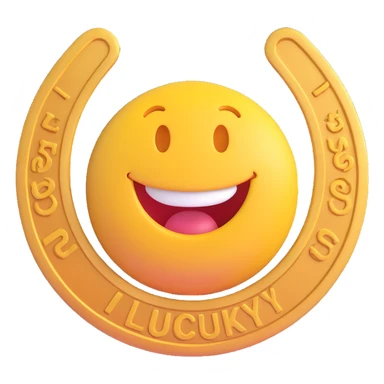 3D smiley emoji, round shape, lucky horseshoe medallion, lucky face sticker