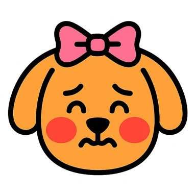blushing, embarrassed dog with a ribbon on its head, soft colored filled and black outlined icon style sticker