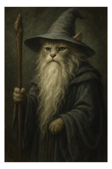 wizard cat in Gandalf style, with long beard and cloak sticker