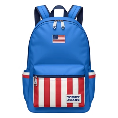 simple blue backpack, at the bottom pocket there is a  tommyjeans logo featuring a Tommy Jeans-inspired logo. The logo looks like a vertically-striped American flag in red, white, and navy. The flag stripes are vertical, not horizontal. Flat

 sticker