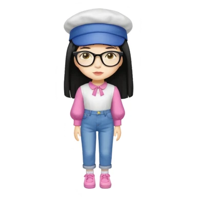 A yellow-skinned girl with long straight black hair, flat bangs, black frame glasses, a white puffy sleeve doll shirt, blue jeans and pink shoes, and a black painter's hat. sticker