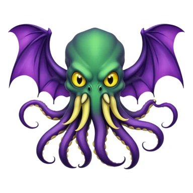 deep green Cthulhu with purple bat wings and purple gradient tentacles. Yellow angry eyes. yellow suckers on tentacles. dramatic ominous shading. two saber-teeth sticker