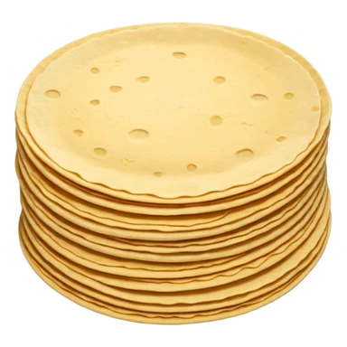 stack of 2 or 3 small round corn tortillas, warm golden-yellow color, slightly grainy texture, light browning spots, subtle uneven handmade edges, flat and soft, arranged with slight offset, no plate, no filling, no garnish, soft lighting, subtle shadows, emoji scale sticker