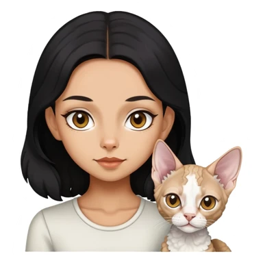 a  girl with black long hair with a white devon rex  sticker