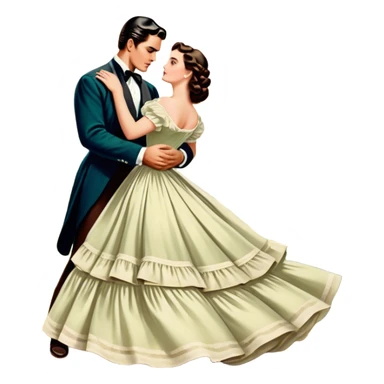 Icon for Romance Movie: A vintage movie poster-style design inspired by Gone with the Wind. Include romantic, sweeping imagery like Scarlett O'Hara in a flowing dress, Rhett Butler, a plantation backdrop, and fluttering wind-blown fabric. Soft, nostalgic cinematic feel. Transparent background. sticker