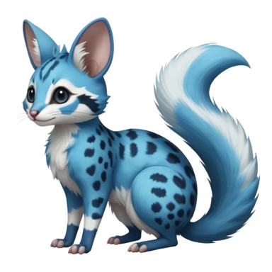 Cyan, dark-cobalt-blue-pointed, soft realistic romantic vintage antique divine beautiful elegant pretty precious cute young youthful  Fakémon-Pokémon-opossum-feline-mouse-serval-caracal-chinchilla-Minccino-Cinccino-Meowstic-rodent-hybrid-creature with a big fluffy bushy tail (full body) sticker
