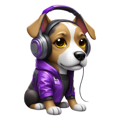 cyberpunk dog hightech with headphone wearing glowing purple jacket sticker