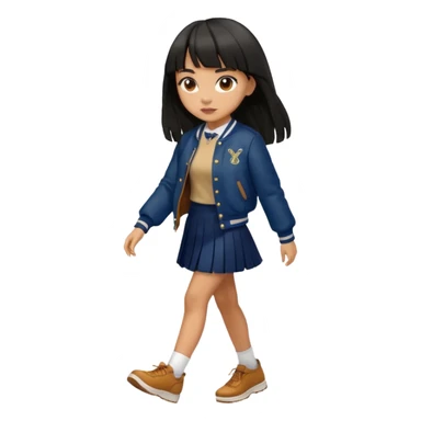 black color long hair with fringe, light skin long hair girl with brown varsity jacket,  navy long skirt walking

 sticker