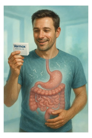 A realistic, cinematic illustration of a man in his late 30s holding a small white box of ‘Vermox’ (mebendazole) in one hand, with a relieved and hopeful expression on his face. Behind him, a semi-transparent overlay shows his digestive tract where small, symbolic worm-like parasites are dissolving and disappearing, indicating the medication’s effect. The environment is clean and bright, with a medical yet hopeful tone, conveying the concept of effective parasite removal. Subtle blue and green tones symbolize cleansing and health restoration, while the man appears energized and ready to reclaim his well-being sticker