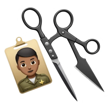 Floating black Scissors cutting an idf soldier ID card in 2 parts .hyper realistic sticker