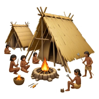 Primitive tribe building a settlement. Huts made of wood and straw, people using basic tools, fire pits, and a dense forest surrounding them sticker
