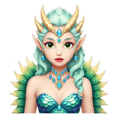 Am amazing blend of a half dragon woman with glittering jeweled scales covering her body. She has large almond shaped eyes, lush lips, and she wears a stunning luminescent gown. sticker