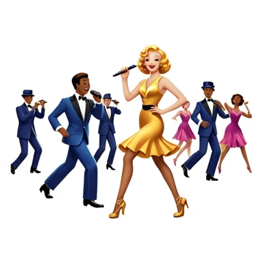 Vintage movie poster-style icon for a musical film. The cityscape glows in the background, evoking the golden era of musicals. A vibrant street scene with bright lights, dancers mid-step, a singer with a microphone, and a jazz band playing. Transparent background. sticker