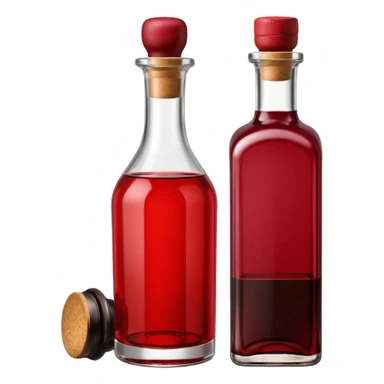 Red wine vinegar and oil bottles, elegant glass, dark brown to ruby, round or square base, slender neck, cork or metallic cap, dark glass, reflections, 3D clean style, transparent background, optimized for emoji size sticker