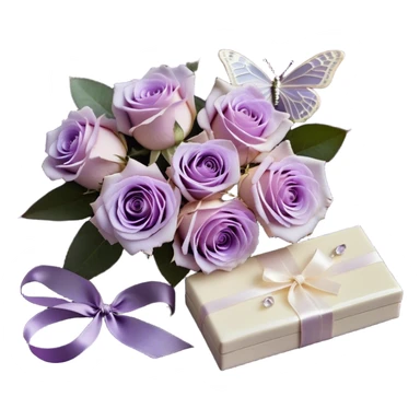 An artistic flat lay composition featuring a bouquet of soft light violet Ascott tea roses with dewdrops glistening on their petals, set against a velvety deep purple background. A delicate lavender butterfly, with translucent wings shimmering in soft light, flutters nearby. A luxurious ivory silk ribbon flows through the arrangement, its texture smooth and refined. Beside it, a beautifully crafted vintage-style perfume bottle in an iridescent pearl color, embellished with intricate floral engravings, completes the enchanting aesthetic sticker