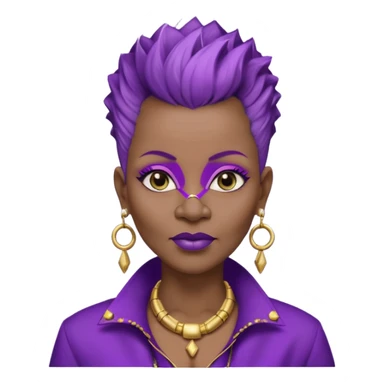 57yr old Qeen black woman with a natural hair mohawk style haircut adorning purple royalty clothing and purle lipstick and eyeshadow purple,  with a nose ring studs on each side of nose. Wearing gold square  bamboo earrings  sticker