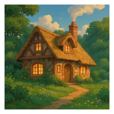 cozy cottage in a lush landscape with warm lighting in ghibli style sticker