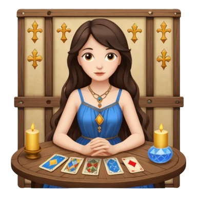 Create a brunette girl with brown eyes sitting at a table with tarot cards. sticker
