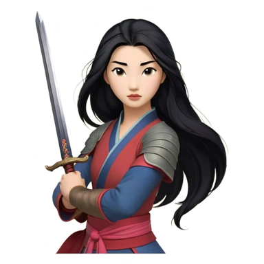 Cinematic Realistic Mulan Portrait, depicted with lifelike skin texture, soft natural lighting, and intricately detailed long black hair styled elegantly. Her deep, expressive eyes exude determination and grace, complemented by a serene yet confident expression. She stands with one hand resting on the hilt of her sword, the other by her side, exuding strength and poise. She is dressed in her classic attire, with rich fabric textures and delicate folds that catch the light beautifully. The portrait features a soft, enchanting glow with a natural, radiant finish, capturing the essence of timeless strength and beauty in a realistic and painterly style, evoking a sense of depth and authenticity. sticker