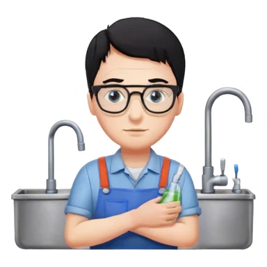 Plumber with black hair, glasses and blue eyes and salopette near kitchen sink sticker