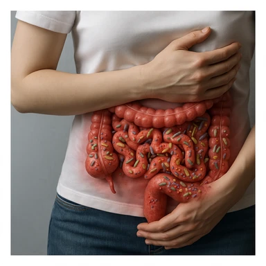 Hyperrealistic 4K anatomical view of a female body in a similar position to the reference image, showing the intestine visible in transparency without parasites but with altered intestinal microbiota (dysbiosis). Realistic and varied bacteria and microorganisms are depicted, with reddened and inflamed intestinal walls, clinical atmosphere. sticker