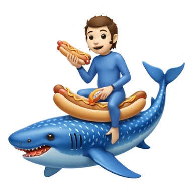 A monkey riding a whale shark eating a hot dog sticker