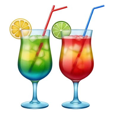 Create two emoji of clear red blended yellow cocktail, cheers with blue blended green cocktail, without any fruit, without skewers, without tube sticker