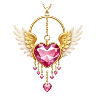 Reddish-pinkish and golden warm-colored romantic lush beautiful pretty hanging crystal-catcher aesthetic with hearts and sparkles and and white angel wings hanging from a gold chain sticker