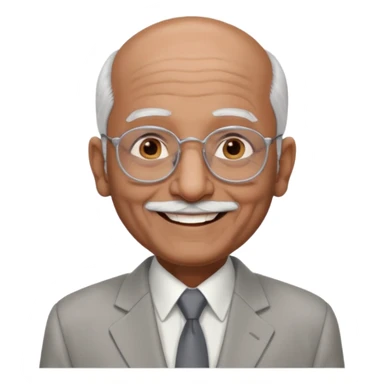 70 yr old indian man, almost bald, some white hair, light grey business suit, big smile, dark brown skin, no moustache, dark brown eyes, glasses
 sticker