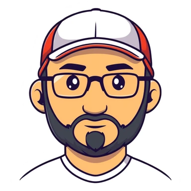 adventurer with small beard, glasses and backwards baseball cap sticker