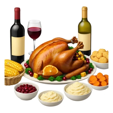 Thanksgiving Dinner with 6 friends of all different races around the table; have the food be a cooked turkey, mashed potatoes, corn, a basket of biscuits, a small bowl of cranberry sauce, baked yams, steamed vegetables, and a bottle of wine. sticker