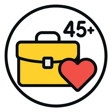 silver circle with subtle shine, briefcase and heart inside, symbolizing jobs and care for experienced professionals aged 45+, clean modern inclusive look sticker